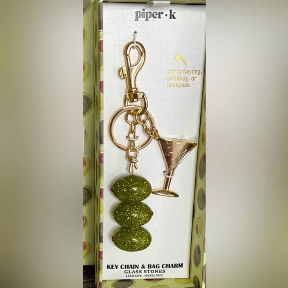 Piper K Gold and Green Martini & Olive Keychain , Bag Charm